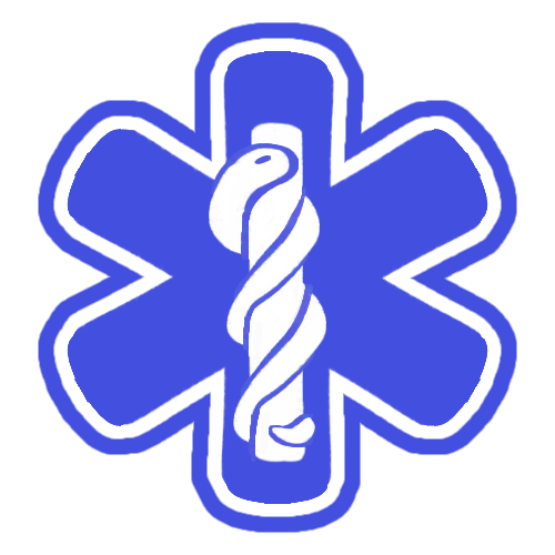  A drawing of the Star of Life symbol. It is six blue rectangles extending from a center point to resemble a star. Inside is a white icon of the Rod of Asclepius, which is a snake curled around a pole